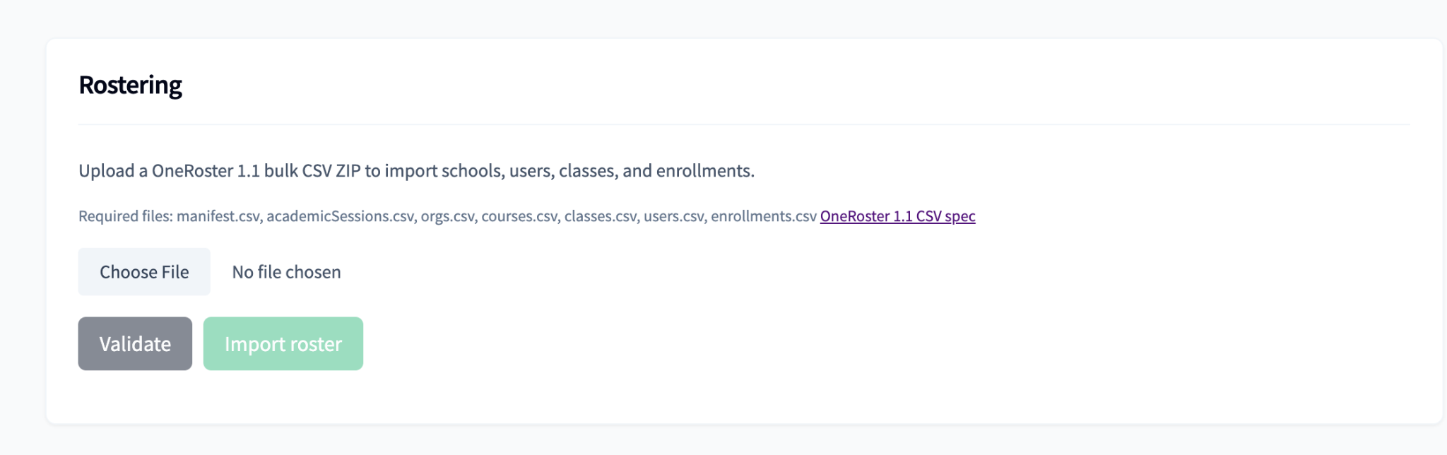 Rostering page showing the OneRoster CSV upload, Validate, and Import roster options